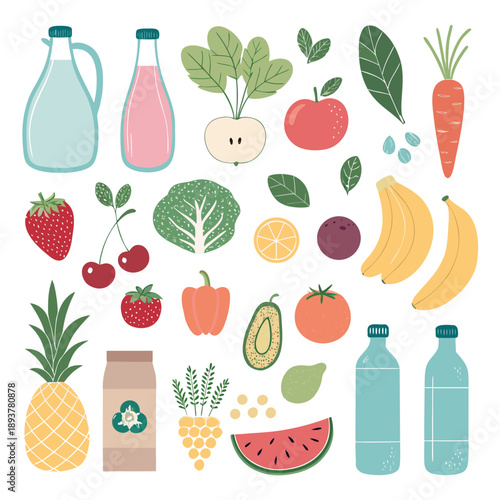 Assorted fresh fruits and vegetables arranged with beverages on a clean background viewed from directly above