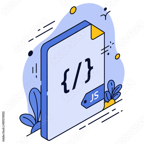 Stylized javascript icon with code symbol and decorative elements