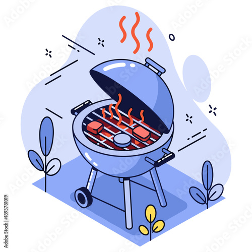 Outdoor charcoal grill with sizzling sausages and burgers