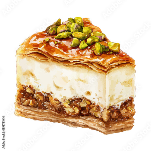 Stylized watercolor Baklava Cheesecake vector, modern artistic illustration with high-quality details on a pure white background.