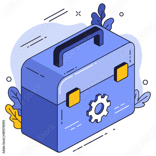 Technical toolkit with gears and handles in blue and yellow