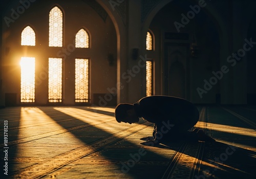 Wallpaper Mural Golden light illuminates a man prostrating in deep prayer within a sacred mosque Torontodigital.ca