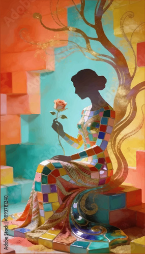 A mixed media artwork depicting a beautiful woman made up of colorful biomorphic geometric blocks. Vector graphics.