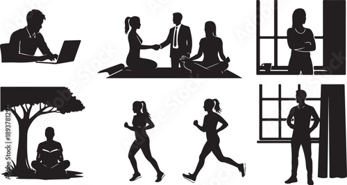 Silhouettes of people in various activities and settings daily