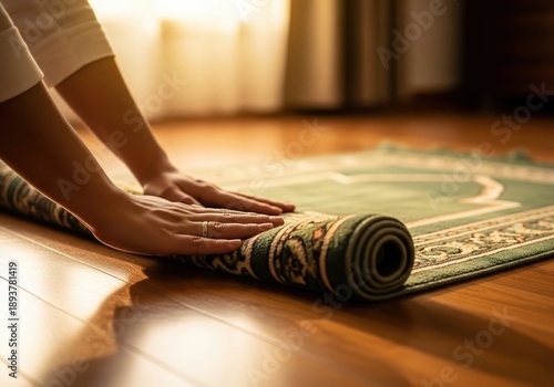 Wallpaper Mural Person's hands gently rolling up an ornate green prayer mat on a sunlit wooden floor Torontodigital.ca