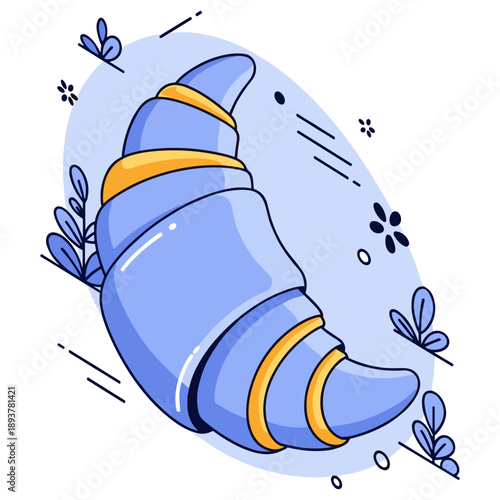 Colorful cartoon croissant with decorative leaves and blue background