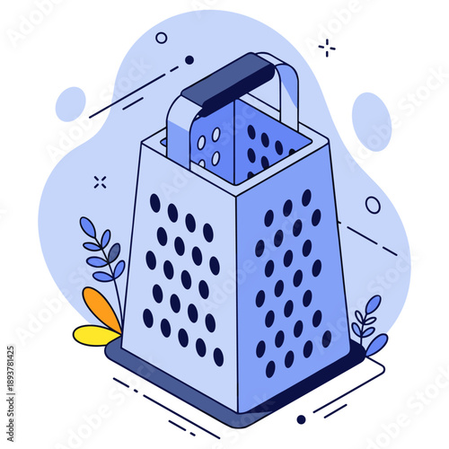Illustrated kitchen grater with abstract blue background design