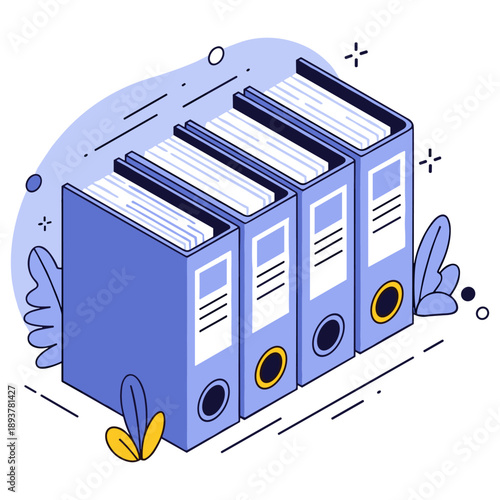 Four blue office binders illustrated in a neat arrangement with abstract decor