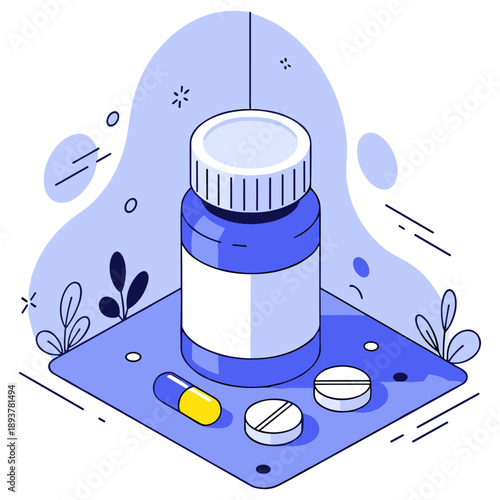 Cartoon medicine bottle with pills on blue background