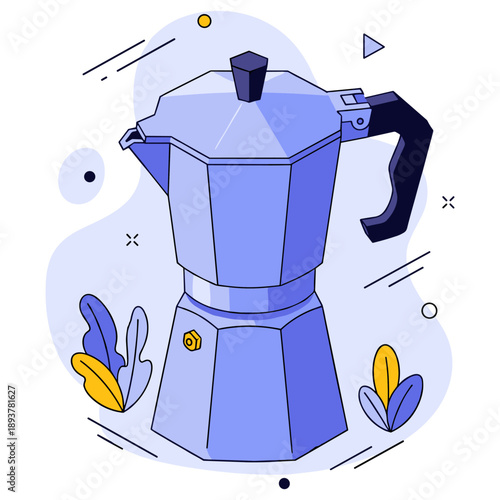 Geometric moka pot illustration with abstract background elements