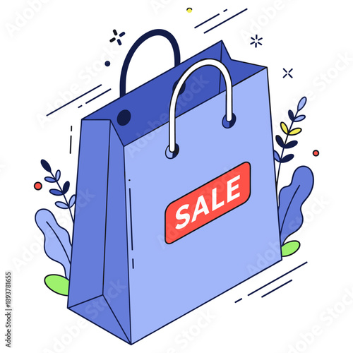 Blue shopping bag with sale tag and decorative leaves