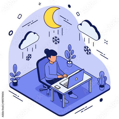 Asian female working late at desk under night sky with laptop and plants