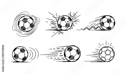 Sketched soccer ball icons with motion lines vector set isolated on white