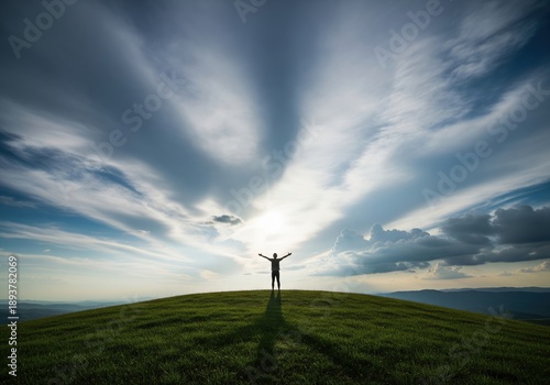 Wallpaper Mural Achieving peak serenity, person celebrates success under a stunning sunlit sky Torontodigital.ca