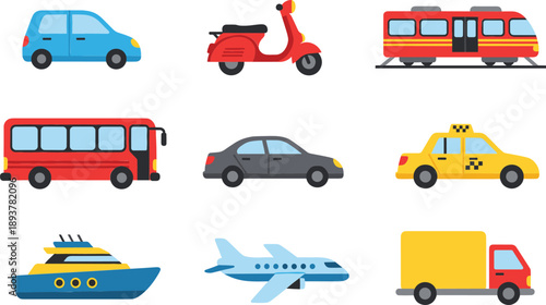 Transportation vehicle icon set with car, bus, taxi, train, scooter, airplane, truck and ship illustration