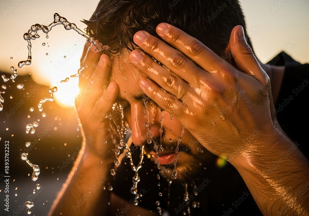 custom made wallpaper toronto digitalYoung man cleanses his face with water, illuminated by warm sunlight
