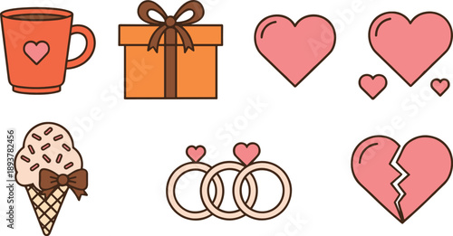 Valentine love icon set with hearts, gift box, coffee cup, ice cream, wedding rings and broken heart illustration