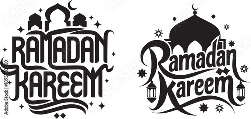 Ramadan kareem islamic calligraphy typography vector with lanterns crescent moon and mosque silhouette