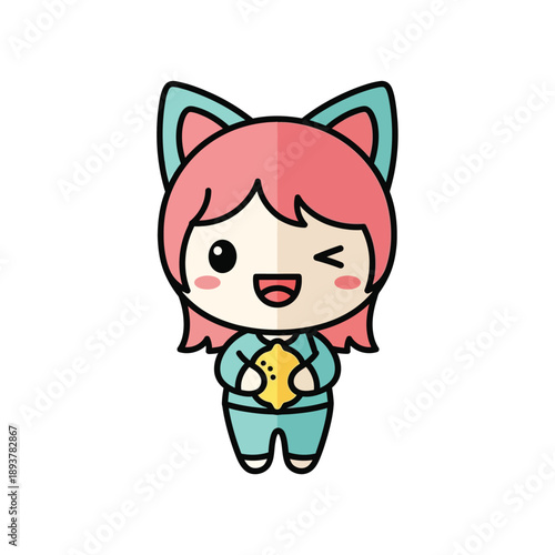 Cute Anime Girl with Cat Ears Vector Illustration