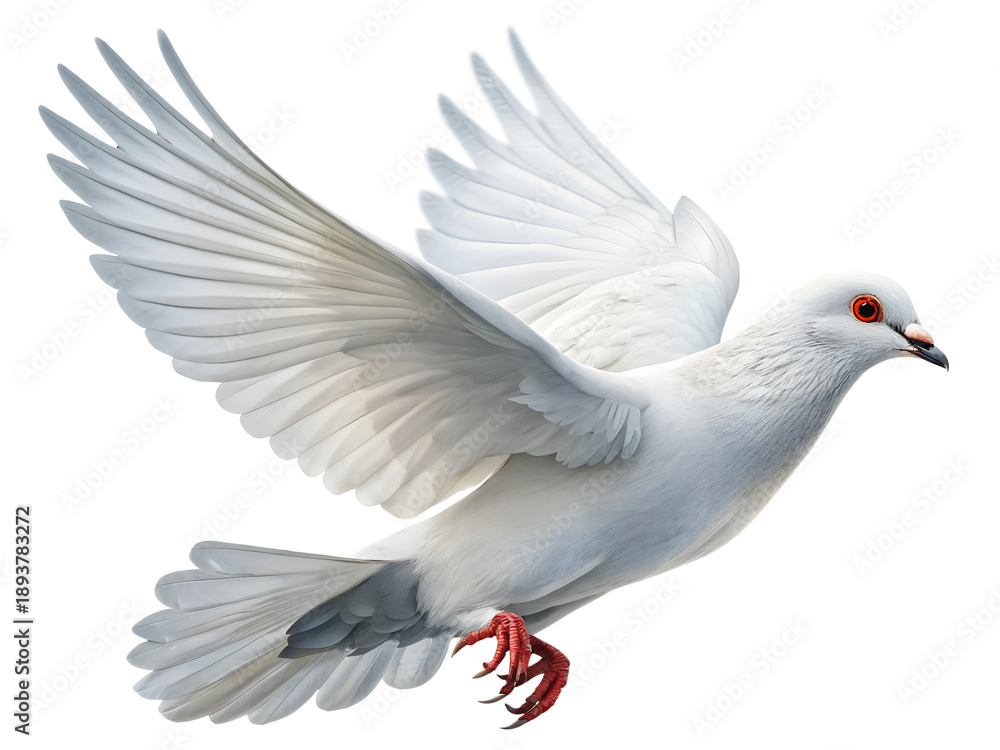 Obraz premium Ultra-Realistic White Pigeon in Mid-Flight V Pose, Detailed Feathers, Isolated on Transparent Background