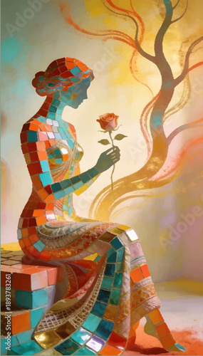 A mixed media artwork depicting a beautiful woman made up of colorful biomorphic geometric blocks. Vector graphics._02