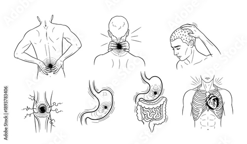Hand Drawn Male Body Pain and Discomfort Medical Vector Set