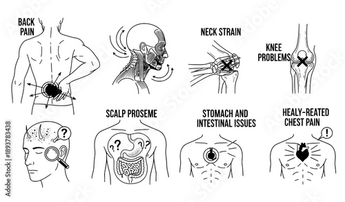 Male Body Pain Diagram Hand Drawn Medical Vector Illustration