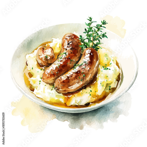 Bangers And Mash watercolor artwork, high-quality professional vector illustration isolated on a white background.