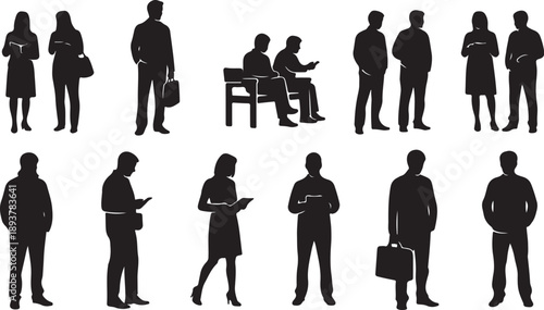 Silhouettes of business people in various professional poses and settings