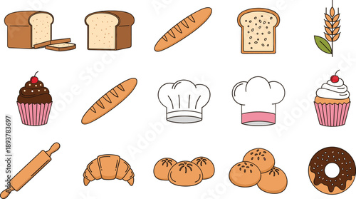 Bakery and bread food icon set with loaf, baguette, croissant, buns, cupcake, donut and chef hat illustration