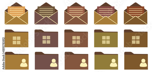 Communication in Brown Tones: An array of stylized envelopes and folders, each representing different facets of communication and organization.
