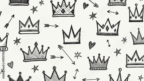 Black and white crown, star, heart, and arrow illustration pattern, royalty-free seamless design for wallpaper, website background, or social media overlay