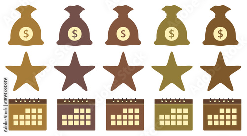 Financial Planning Icons: A captivating illustration featuring rows of money bags, stars, and calendars symbolizes financial planning, goal-setting, and time management.