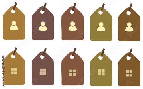 Tags and Icons: A collection of meticulously crafted price tags showcases an appealing assortment of housing and human-centered iconography. Each tag.