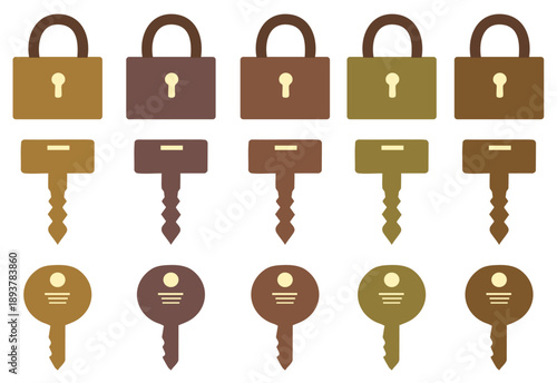 Security Series: A meticulously arranged series of padlocks and keys in various shades, each set poised with the promise of protection and access. 