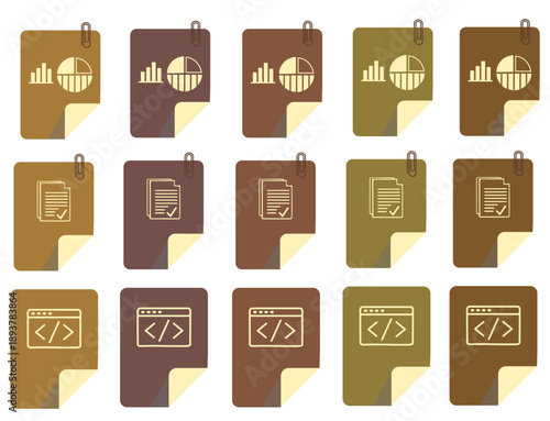 Digital Document Array: An array of stylized digital documents, each bearing distinct graphic elements such as charts, documents, and code snippets, indicating a digital environment.