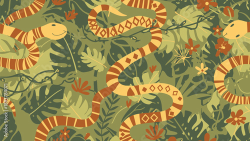 Vector seamless pattern of snakes and tropical leaves, jungle reptile design for wallpaper or fabric, Isolated on transparent background, png