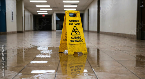 Canvastavla Yellow Caution Wet Floor Safety Sign Standing in Empty Hallway