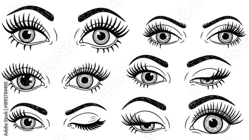 Vector illustration of 10 different female eyes with various eyelashes and eyebrows, for makeup or beauty concept, isolated on transparent background, png