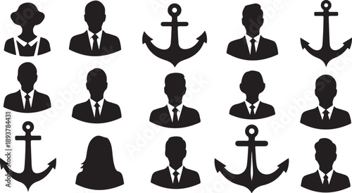 Silhouette icons of business people and anchors on white