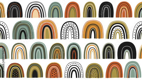 Boho rainbow pattern, colorful arches texture, abstract background for banner or poster, bohemian style seamless design