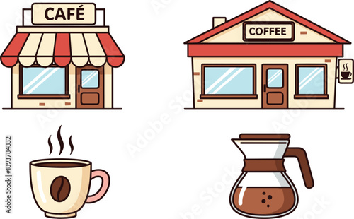 Cafe and coffee shop icon set with storefront buildings, hot coffee cup and glass carafe illustration