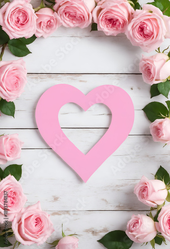Pink rose flowers and heart with space for text