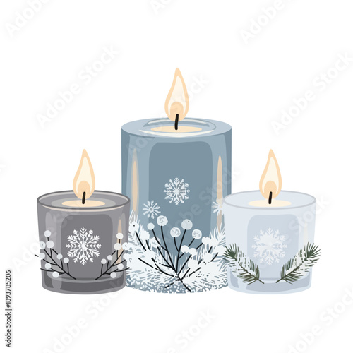 Three Candles with Snowflake Designs and Flames.