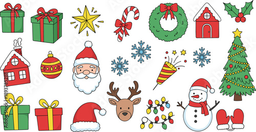 Christmas holiday icon set with Santa, gifts, tree, wreath, snowflakes, snowman and festive winter decorations illustration