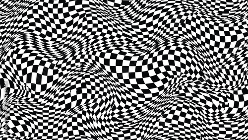 Optical illusion of swirling black and white checkered pattern creating a hypnotic spiral effect