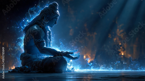 Statue of Lord Shiva in a meditative pose with divine light falling from above - ai generative