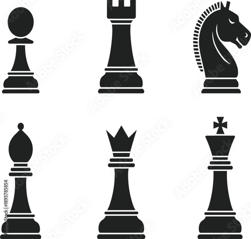 Chess pieces icon set, pawn rook knight bishop queen king silhouettes, classic strategy game symbols, minimal black design illustration