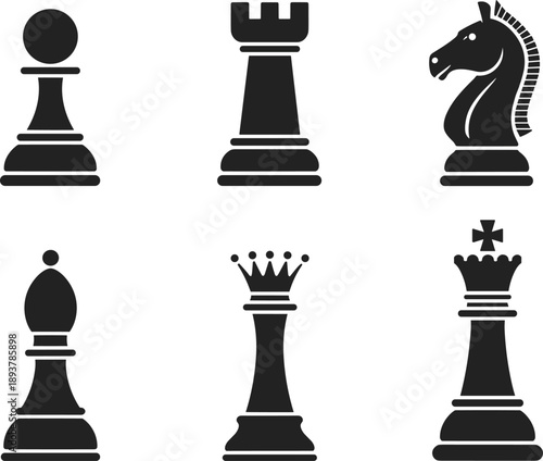 Chess pieces icon set, pawn rook knight bishop queen king silhouettes, classic strategy game symbols, minimal black design illustration