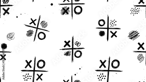 Tic tac toe game symbols seamless pattern on white background with black x's and o's